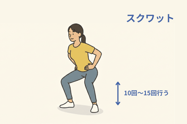 スクワットをしている女性のイラスト（スクワット/10回～15回行う）
