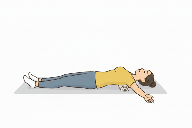 肩の下にタオルを入れ、腕を横に伸ばしている女性のイラスト